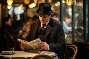 ai gerado elegante homem lendo uma jornal dentro uma parisiense cafeteria, uma arrojado cavalheiro nos anos 800 vestuário leitura, ai gerado foto