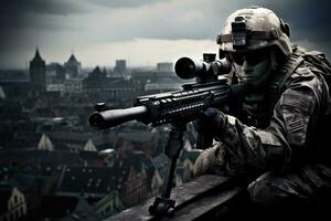 ai gerado Unidos estados exército especial forças soldado com assalto rifle em a cobertura do prédio, ai gerado foto