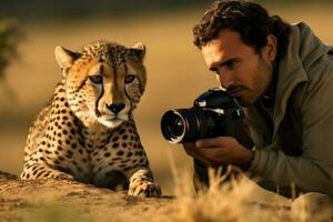 ai gerado jovem masculino fotógrafo levando cenário do guepardo com digital Câmera dentro África, uma fotógrafo levando uma cenário do uma guepardo dentro masai Mara, Quênia, ai gerado foto