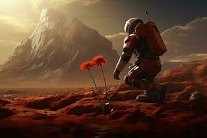 ai gerado astronauta com uma vermelho flor dentro dele mão. 3d Renderização, ai gerado foto