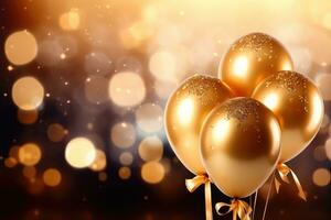ai gerado dourado balões com brilhar em bokeh fundo. festivo decoração, dourado balões e confete em uma dourado fundo, apresentado dentro 3d Renderização, ai gerado foto