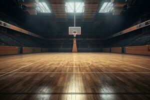 ai gerado basquetebol aro dentro uma ampla corredor às noite. 3d Renderização, ai gerado foto