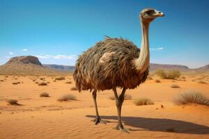 ai gerado avestruz dentro a deserto do a namib deserto, namíbia, avestruz dentro a deserto hd 8k papel de parede estoque fotográfico imagem, ai gerado foto