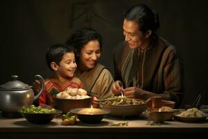 ai gerado não identificado indiano família cozinhando Comida dentro cozinha às lar, uma família cozinhando seus cultural herança pratos, ai gerado foto