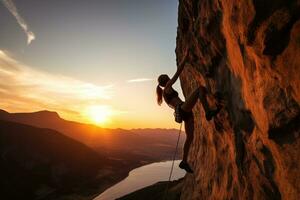 ai gerado silhueta do uma jovem mulher escalada uma desafiador rota em uma penhasco contra uma pôr do sol céu, Atlético mulher escalada em pendendo penhasco Rocha com pôr do sol céu fundo, ai gerado foto