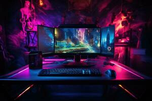 ai gerado computador monitor em a mesa dentro uma Sombrio quarto com néon luzes, computador jogos pc em uma vídeo jogos mesa dentro uma Sombrio quarto com néon luz, ai gerado foto