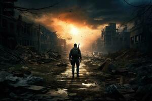 ai gerado silhueta do soldado em pé dentro a meio do uma destruído prédio, solitário soldado caminhando dentro uma destruído cidade, ai gerado foto