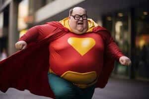 ai gerado gordo masculino Super heroi vestindo traje às cidade rua foto