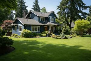 ai gerado luxo casa com verde gramado e quintal foto