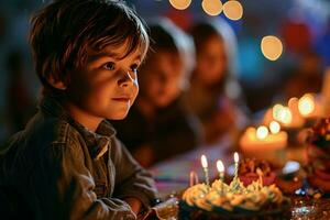 ai gerado Garoto é sentado às mesa Próximo para aniversário bolo com queimando velas foto
