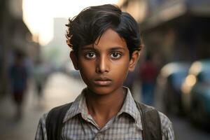 ai gerado retrato do tamil Garoto às ocupado indiano ou Paquistão cidade rua foto