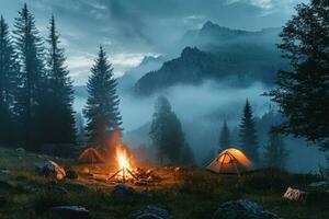 ai gerado acampamento com barraca e queimando fogueira dentro montanhas panorama perto lago foto