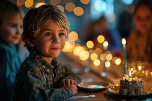 ai gerado Garoto é sentado às mesa Próximo para aniversário bolo com queimando velas foto