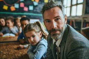 ai gerado retrato do masculino professor e alunos sentado às mesas dentro Sala de aula foto