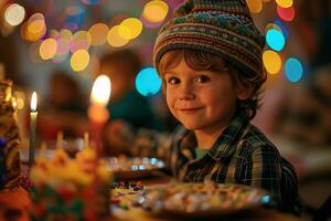 ai gerado Garoto é sentado às mesa Próximo para aniversário bolo com queimando velas foto