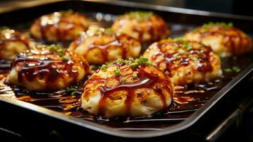 ai gerado takoyaki - japonês frito dumplings com soja molho foto