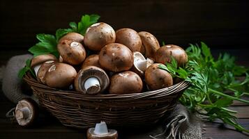 ai gerado fresco cogumelos champignon dentro uma cesta em uma de madeira mesa. foto