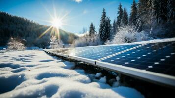 ai gerado solar painéis em a campo dentro inverno. fotovoltaico módulos para inovação verde energia. foto