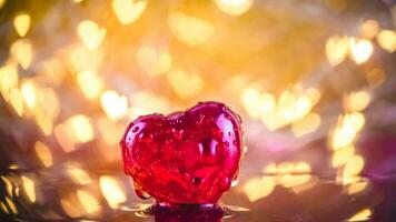 gotas do água gotejamento em a vermelho vidro coração. foto