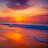 ai gerado lindo pôr do sol às tropical de praia com silhueta do árvores e laranja, rosa, azul, céu para cópia de espaço e multimídia conteúdo criação, ai gerado foto