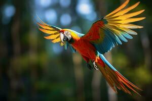 ai gerado vôo arara papagaio, colorida Amazonas arara papagaio contra selva, animais selvagens e floresta tropical exótico tropical pássaros ai gerado foto