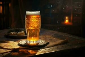 ai gerado uma vidro do Cerveja em uma de madeira mesa às noite, uma vidro do Cerveja em uma de madeira mesa. ai gerado foto