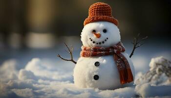 ai gerado alegre boneco de neve comemora inverno com cenoura nariz e topo chapéu gerado de ai foto