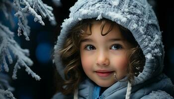ai gerado sorridente criança dentro inverno, jogando dentro neve, alegre e fofa gerado de ai foto