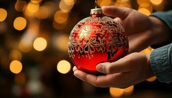 ai gerado mão segurando brilhando Natal ornamento, decoração árvore com alegria gerado de ai foto