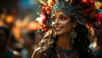 ai gerado jovem mulheres dentro tradicional roupas sorridente às Câmera, a comemorar brasileiro cultura gerado de ai foto