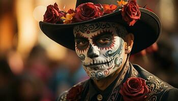 ai gerado uma assustador dia das Bruxas celebração com colorida tradicional mexicano fantasias gerado de ai foto