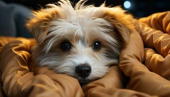 ai gerado fofa cachorro sentado em cama, olhando às Câmera, fofo pele gerado de ai foto