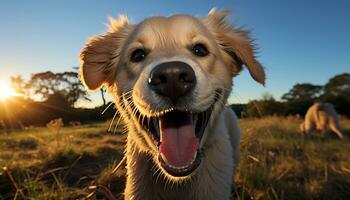 ai gerado fofa cachorro jogando dentro a grama, desfrutando a ao ar livre gerado de ai foto