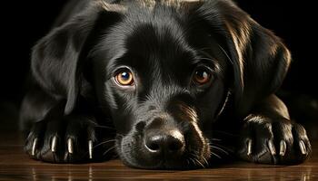 ai gerado fofa cachorro sentado, olhando às Câmera, Preto fundo, adorável gerado de ai foto