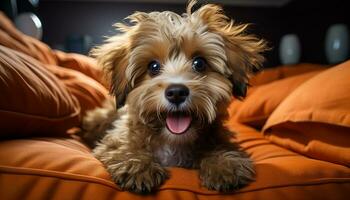 ai gerado fofa cachorro sentado em cama, olhando às Câmera, sorridente gerado de ai foto