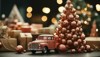 ai gerado Natal árvore decorado com brilhante enfeites e iluminado luzes gerado de ai foto
