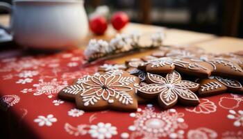 ai gerado caseiro Pão de gengibre biscoitos decorar a festivo inverno sobremesa mesa gerado de ai foto