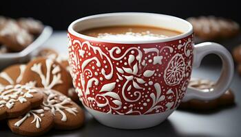 ai gerado quente beber em de madeira mesa café xícara, biscoito, chocolate gerado de ai foto