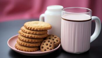 ai gerado uma pilha do caseiro chocolate lasca biscoitos em uma prato gerado de ai foto