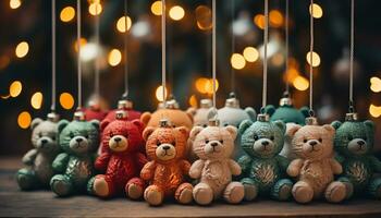 ai gerado acolhedor inverno noite fofa Urso de pelúcia urso, iluminado Natal luzes gerado de ai foto