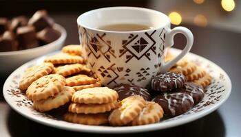 ai gerado caseiro chocolate lasca biscoitos em de madeira mesa com café gerado de ai foto
