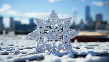 ai gerado inverno paisagem urbana flocos de neve decorar congeladas arranha-céus, natureza gelado arquitetura gerado de ai foto