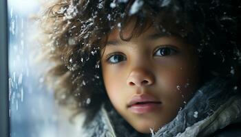 ai gerado uma fofa criança sorridente, olhando às Câmera, desfrutando a inverno gerado de ai foto