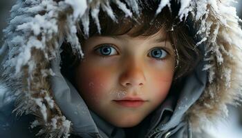 ai gerado fofa criança sorridente, olhando às Câmera, desfrutando inverno ao ar livre gerado de ai foto