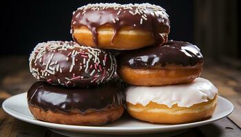 ai gerado chocolate rosquinha em placa, tentador indulgência, doce e pouco saudável gerado de ai foto