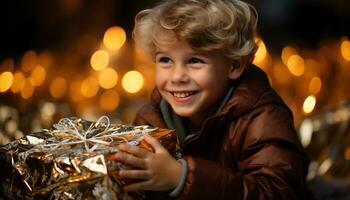 ai gerado sorridente criança detém presente, irradiando felicidade dentro Natal celebração gerado de ai foto