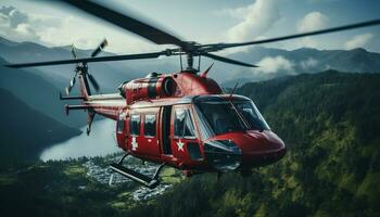 ai gerado helicóptero vôo sobre montanha faixa, transportando passageiros dentro natureza gerado de ai foto