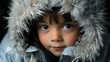 ai gerado fofa criança sorridente, olhando às Câmera, dentro inverno roupas gerado de ai foto