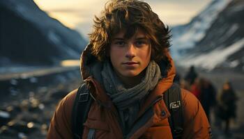 ai gerado uma jovem homem caminhada dentro a inverno montanhas, sorridente com confiança gerado de ai foto