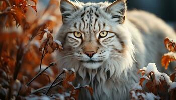 ai gerado fofa tigre olhando às Câmera dentro Nevado floresta gerado de ai foto